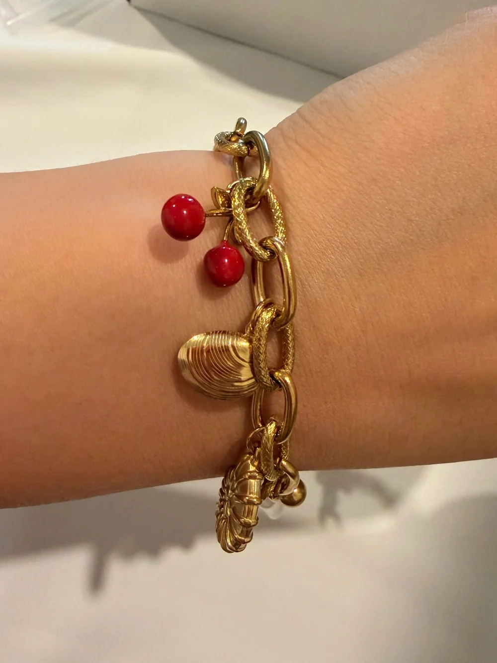 Gold Charm Bracelet with Red Cherry and Pearl Drop